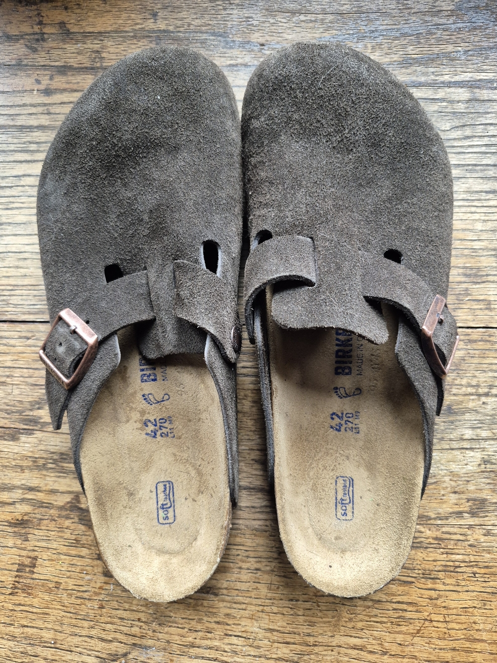 Birkenstock Brown Suede Boston Clogs with Copper Buckles